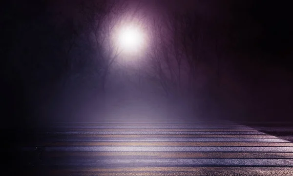 Fond Rue Vide Nuit Asphalte Arbres Automne Lune Brouillard Fumée — Photo