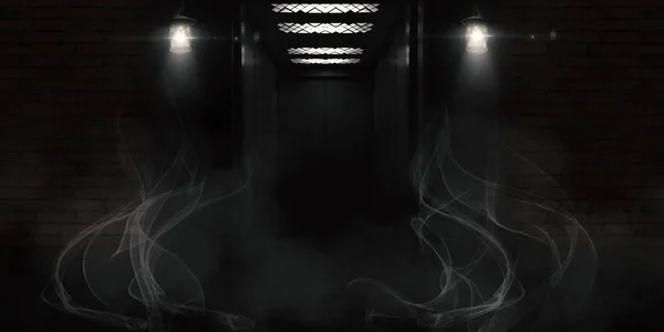 空のレンガの壁と 開いたエレベーターのドアの背景 ネオン灯 スポット ライト スモッグ — ストック写真