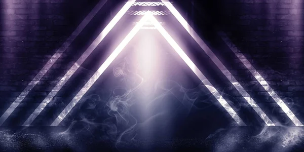 Background of empty brick wall and an open elevator door. Neon light, spotlight, smoke, smog