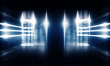 Arka plan beton zemin, neon ışıkları, yansıma, duman ile boş oda. Boş sahne arka plan, neon ışıkları, tuğla duvarlar ile kulüp