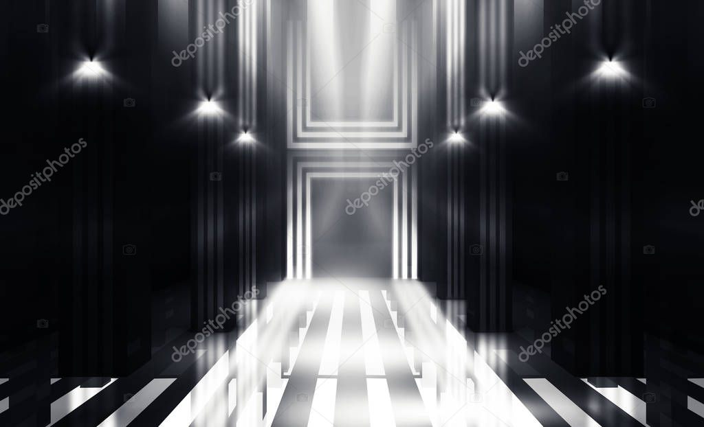 Background of empty room, hall, piles, neon light, smoke, fog, parking, corridor