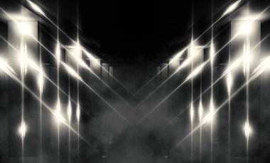 Boş karanlık duvar arka plan, beton zemin neon ışık, lazer ışınları, duman, sis, gece