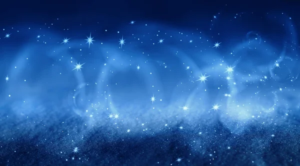 Blauer Abstrakter Schneehintergrund Bokeh Rauch Glut Schneeflocken Sterne — Stockfoto