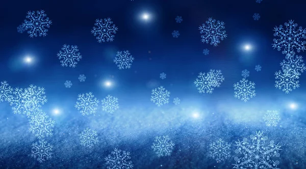 Fondo Nieve Abstracto Azul Bokeh Humo Resplandor Copos Nieve Estrellas — Foto de Stock