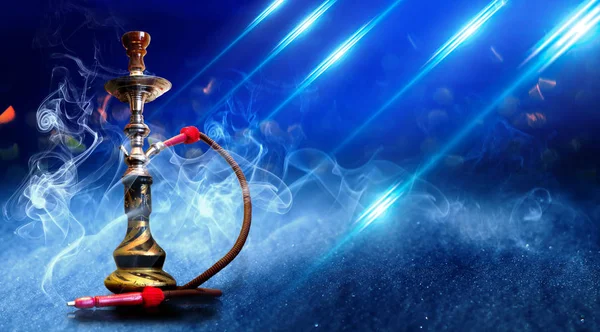 Hookah on a dark abstract background, smoke, fog, neon, concrete
