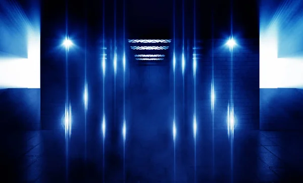 Background of empty dark brick wall, concrete floor, neon light, laser beams, smoke, fog, night. Parking, elevator, stairs