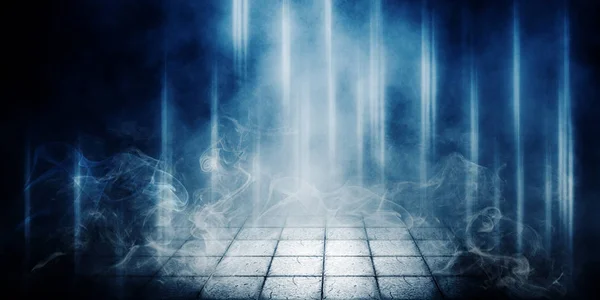 Background of empty room, street, neon light, smoke, fog, asphalt, paving tiles