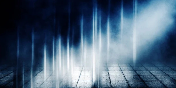 Background of empty room, street, neon light, smoke, fog, asphalt, paving tiles