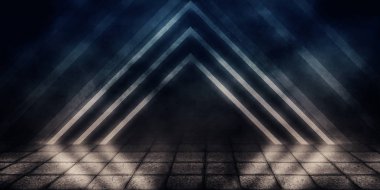 Bir ıslak parke döşeme, duman, ile boş bir sisli Caddesi'nin arka plan ışık ve lazer ışınları tarafından bir projektör, neon ışıklı