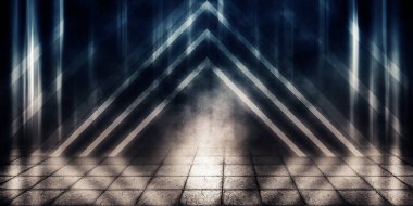 Bir ıslak parke döşeme, duman, ile boş bir sisli Caddesi'nin arka plan ışık ve lazer ışınları tarafından bir projektör, neon ışıklı