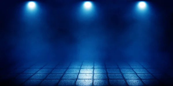 Background of an empty foggy street with a wet paving slab, smoke, illuminated by a searchlight, neon light and laser beams