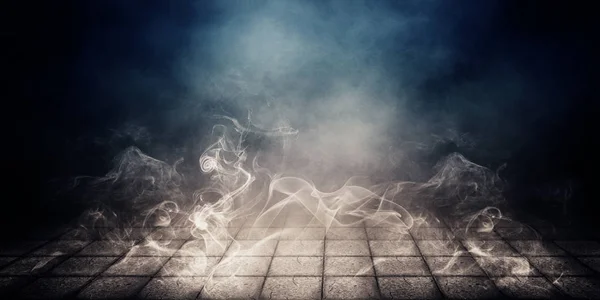 Background Empty Foggy Street Wet Paving Slab Smoke Illuminated Searchlight — Stock Photo, Image