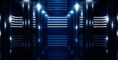 Arka plan ile lazer ışınları, duman mavi neon ışıklarla aydınlatılmış boş karanlık oda