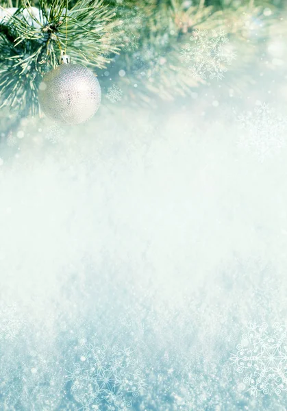 模板的圣诞节背景与松树分枝 圣诞节装饰 Bokeh 和雪花 — 图库照片