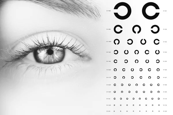 Monochrome Photo Human Female Eye Close Test Human Vision Alphabetical — Stock fotografie