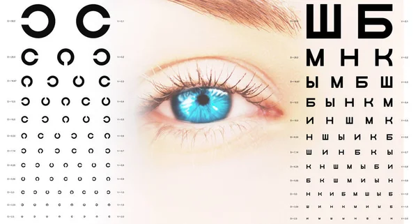 Olhos Azuis Femininos Humanos Perto Verificação Visão Humana Diagrama Alfabético — Fotografia de Stock