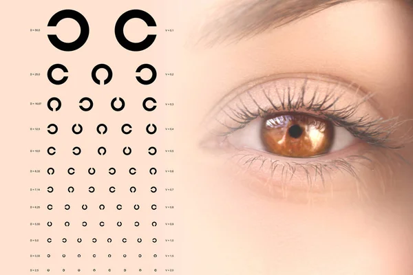 Menselijk Vrouwelijke Bruin Oog Dicht Omhoog Test Van Menselijke Visie — Stockfoto