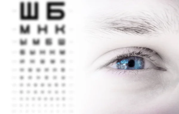 Human Male Blue Eye Close Check Human Vision Alphabet Chart — Stock Photo, Image