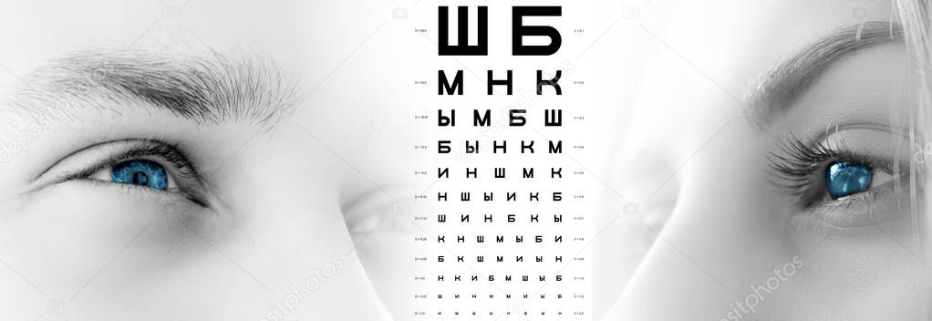 male and female blue eyes close up, human vision test, alphabet chart,  table