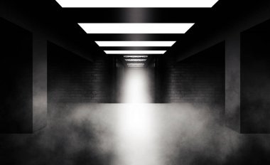 Boş bir karanlık oda tarafından lazer ışınları, duman neon ışıklarla aydınlatılmış tuğla tonları ile arka plan