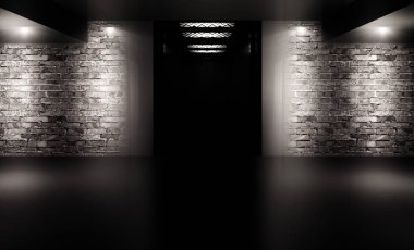 Arka plan tarafından spot aydınlatılmış tuğla duvarlı boş bir bina. Diğeriyse asansör kapıları görünümünü. Neon ışık duman.