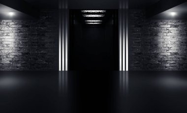 Arka plan tarafından spot aydınlatılmış tuğla duvarlı boş bir bina. Diğeriyse asansör kapıları görünümünü. Neon ışık duman.