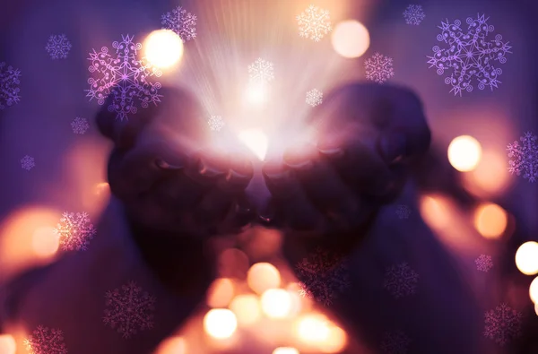 Magic Particles Emanating Female Hands Christmas Background Bokeh — Stock Photo, Image