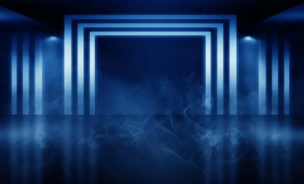 Background of an empty dark room with brick shades, illuminated by neon lights with laser beams, smoke