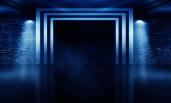 Background of an empty dark room with brick shades, illuminated by neon lights with laser beams, smoke