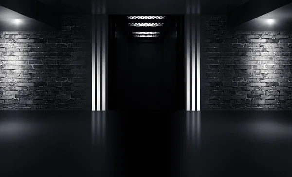 Background Empty Building Brick Walls Illuminated Spotlights View Open Elevator — Stock Photo, Image