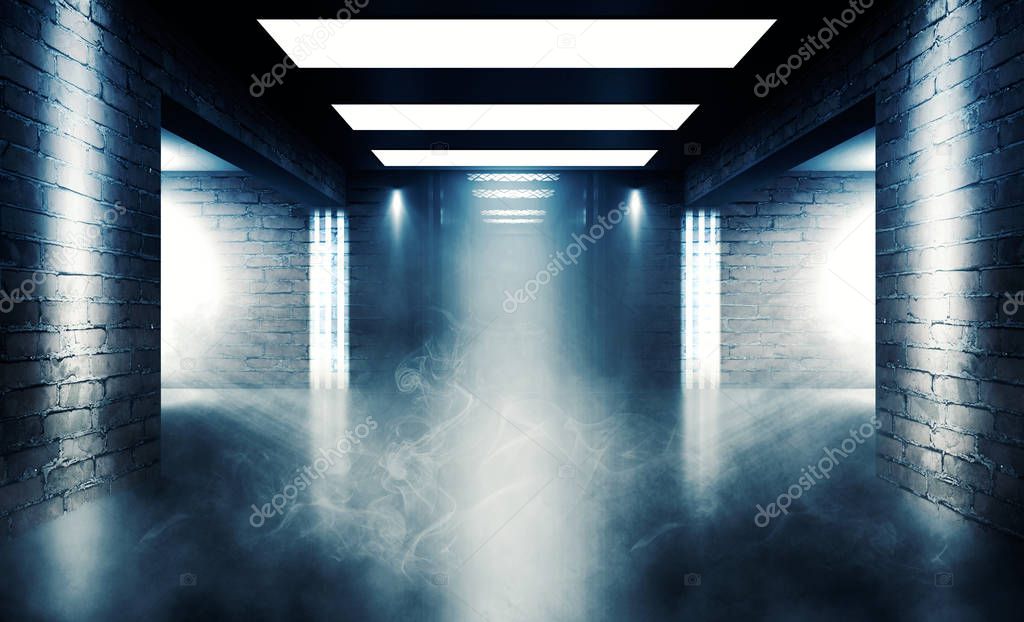 Background of an empty building with brick walls, illuminated by spotlights. View of open elevator doors. Neon light smoke.