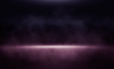 Boş bir oda, bir beton zemin neon ışık yansıması arka duman puffs