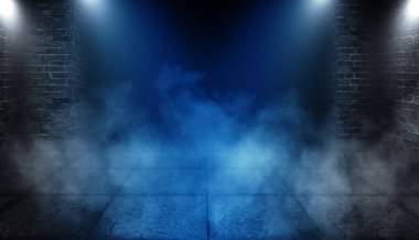 Arka plan tuğla duvarlar ve beton zemin ile boş bir koridor. Spot ışık, duman, neon ışık