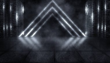 Arka plan tuğla duvarlar ve beton zemin ile boş bir koridor. Spot ışık, duman, neon ışık