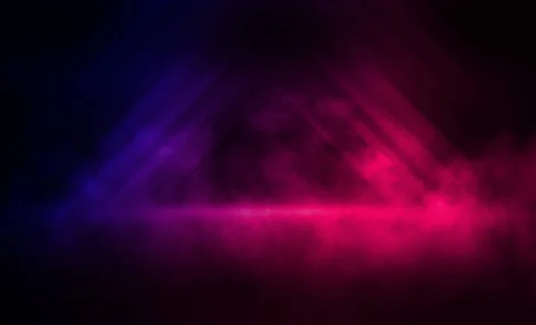 Background of an empty room, reflection of neon light on a concrete floor, puffs of smoke