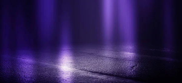 The background of wet asphalt, the reflection of the night lights of the city, neon light, smoke