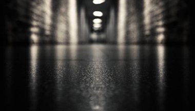 Arka plan tuğla duvarlar ve beton zemin ile boş bir koridor. Spot ışık, duman, neon ışık