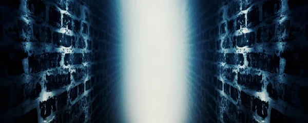 Hintergrund Eines Leeren Korridors Mit Ziegelwänden Scheinwerfern Rauch Neonlicht — Stockfoto