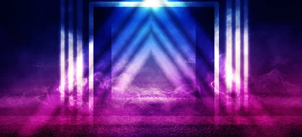 Leerer Dunkler Hintergrund Mit Lichtstrahlen Betonboden Mit Reflexionslichtern Rauch Neonlicht — Stockfoto