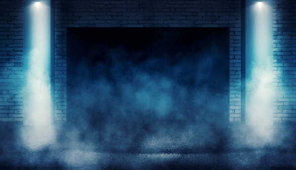 Background of an empty dark room with brick shades, illuminated by neon lights with laser beams, smoke