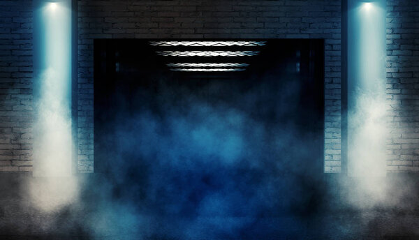 Background of an empty dark room with brick shades, illuminated by neon lights with laser beams, smoke