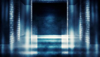 Arka plan boş karanlık oda tarafından lazer ışınları, duman neon ışıklarla aydınlatılmış tuğla duvarlı