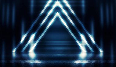 Işık huzmeleri olan boş karanlık odanın arka planı. Beton zemin, ışık yansımalı. Duman, neon mavi ışık