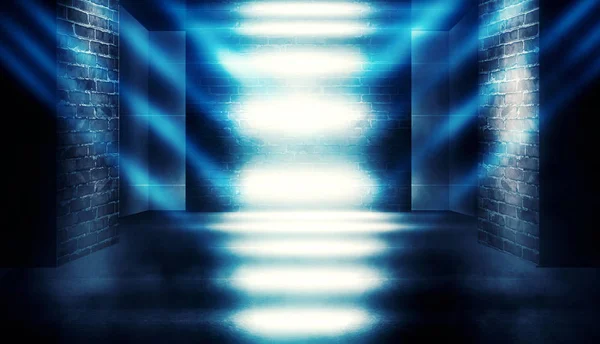 Фон Пустой Темной Комнаты Кирпичными Стенами Освещенный Неоновыми Огнями Лазерными — стоковое фото