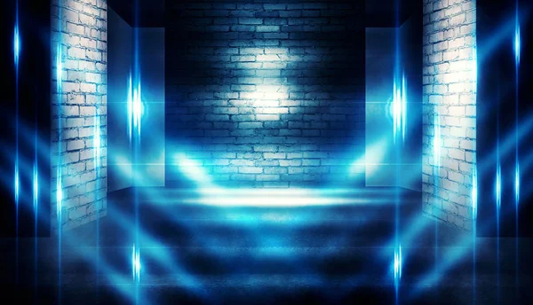 Background of empty dark room with brick walls, illuminated by neon lights with laser beams, smoke
