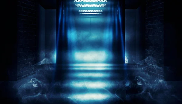 Background of empty dark room with brick walls, illuminated by neon lights with laser beams, smoke