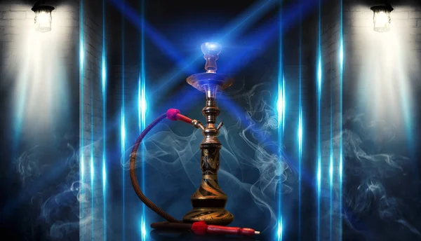 Smoking Hookah Brick Wall Concrete Floor Ultraviolet Neon Light Smoke — Stock Photo, Image