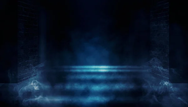 Background of empty dark room with brick walls, illuminated by neon lights with laser beams, smoke