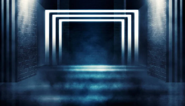 Background of empty dark room with brick walls, illuminated by neon lights with laser beams, smoke