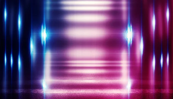 Background of empty dark room with rays of light. Concrete floor with light reflection. Smoke, neon blue light